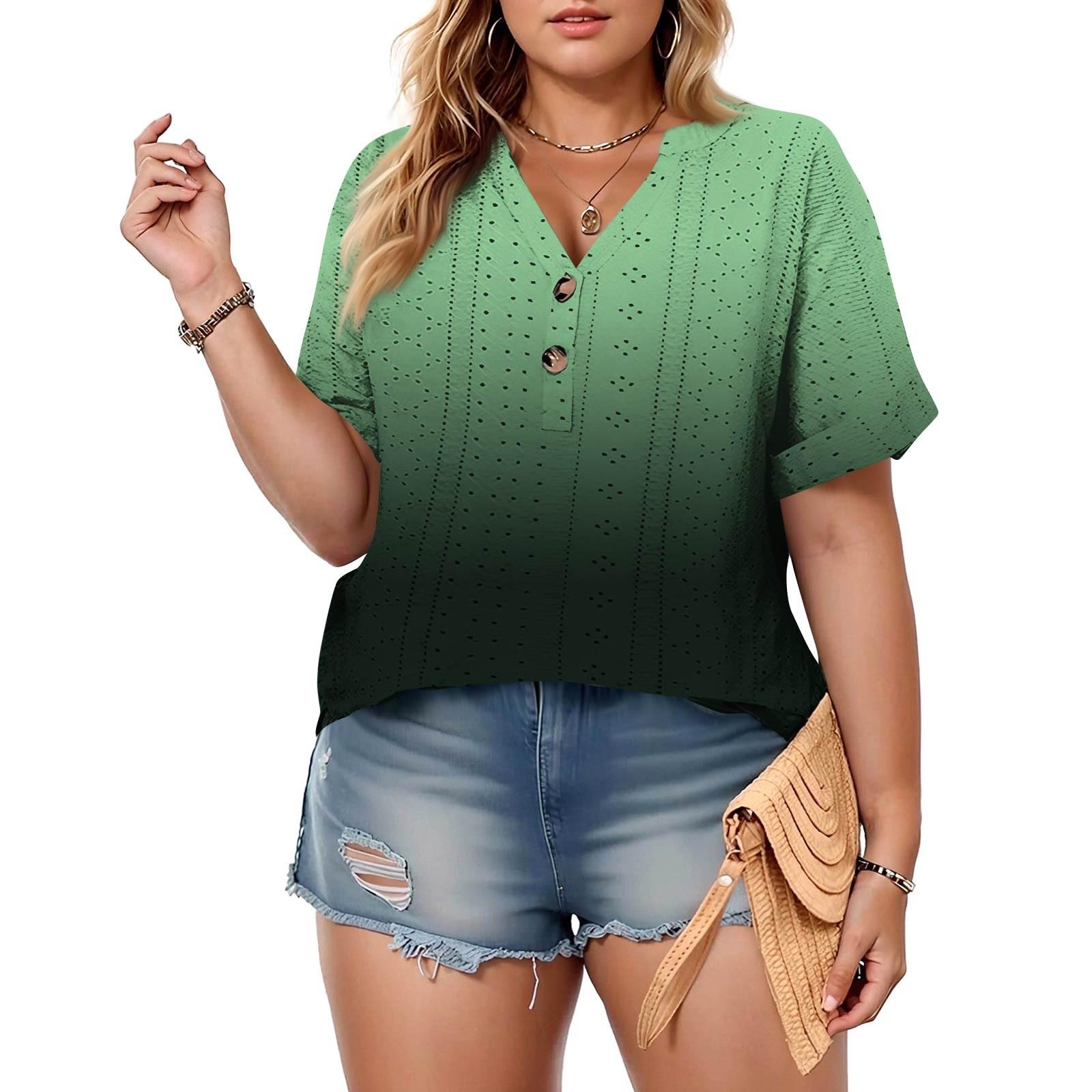 

Plus Size Women s Fashion Casual Vintage V-Neck Short Sleeve Button T-Shirt Top XXXL зелёный