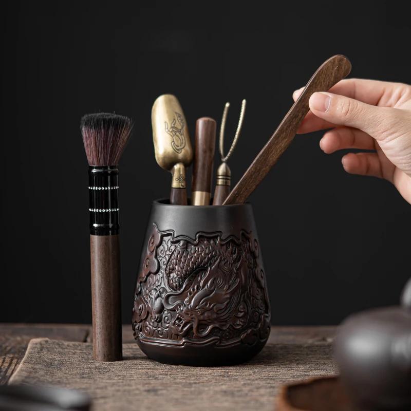 High-end Purple Pottery Tea Ceremony Six Gentlemen  Hand Carving Pottery Blackwood Solid  Kung Fu Tea Set Accessorie