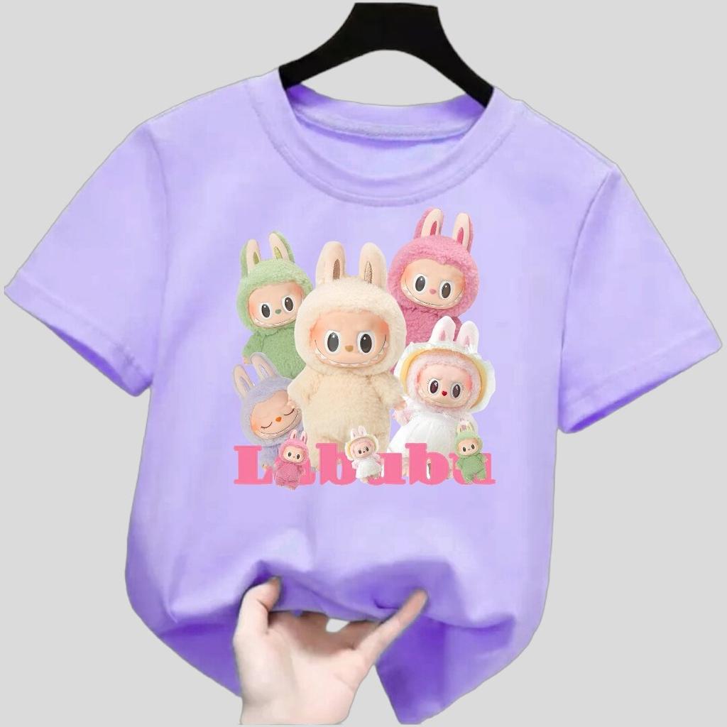 New Labubu Children's T-shirt with Multiple LABUBU Patterns Round Neck Short Sleeved Casual Versatile Girls' Top
