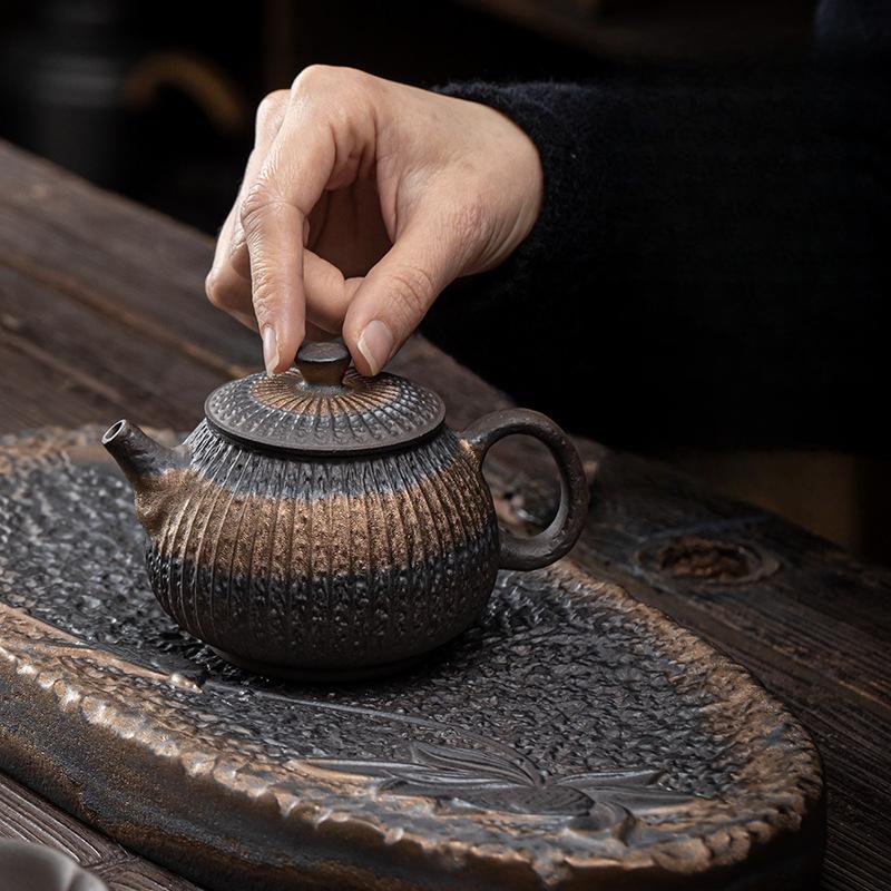 250ml Coarse Pottery Teapot Japanese Style Gold-Plated Iron Glaze Right Handle Teapot