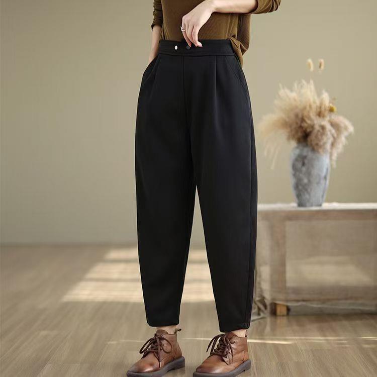 Plus Size Versatile Black High-Waisted Harem Pants - Stylish, Tummy Concealing, Slimming, Loose-Fit Carrot Design