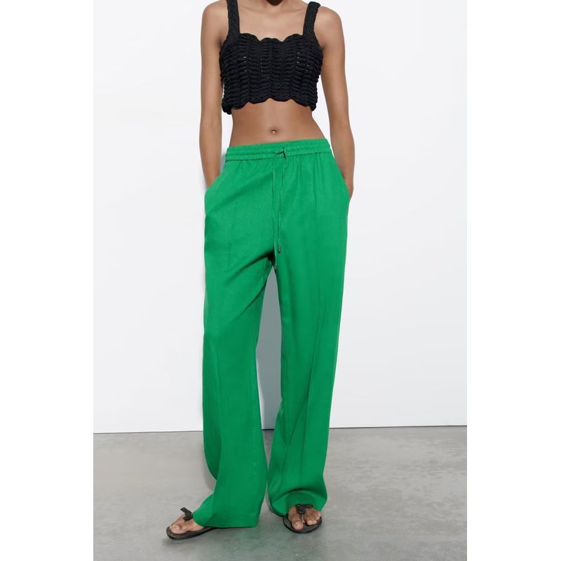 Spring New Arrival Mop Pants Linen Blended Stretch High Waist Wide Leg Pants 9929140 3067352