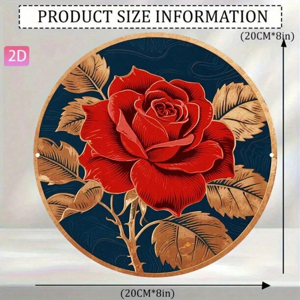 Vintage Metal Wall Art Red Rose 8x8 Inch Round Aluminum Sign Retro Golden Leaf Dark Blue Home Decor Flat Single Piece