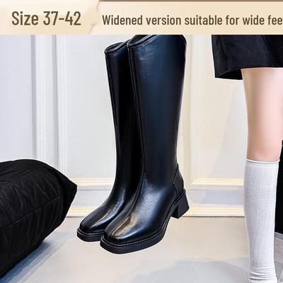 2025 Plus Size Women's Wide Calf V-Cut Stretch Rider Boots, Chunky Heel, Square Toe, High Calf