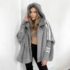 Women's Hooded Striped Sleeve Letter Cuff Zip Up Faux Mink Fur Loose Casual Baseball Coat