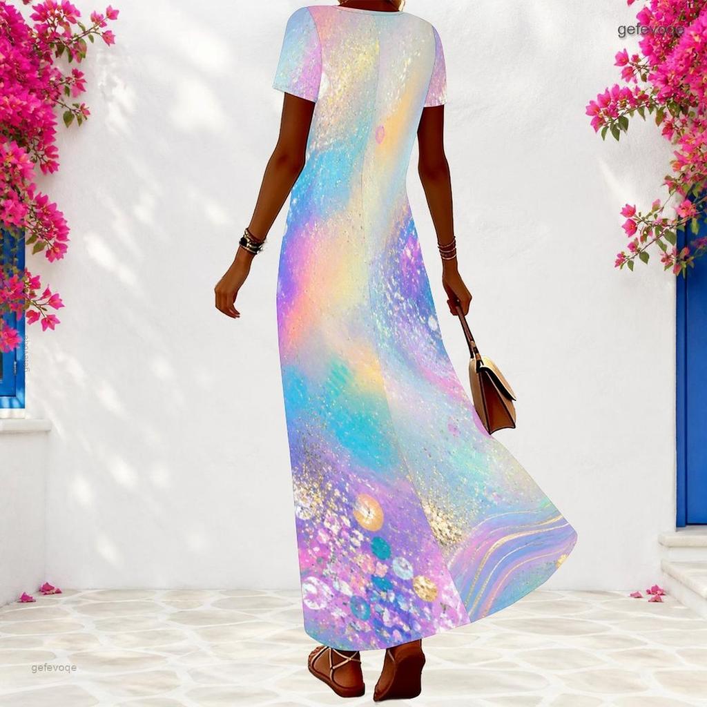 Women Plus Size V Neck Short Sleeve Black Dots Printed Long Dress
