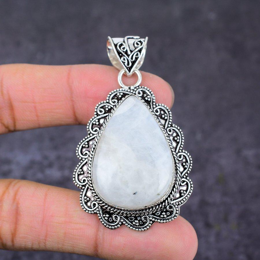 Piatră prețioasă Piatră de Lună Curcubeu Handmade Argint Sterling 925 Cadou Pandantiv 2.36" D5r43