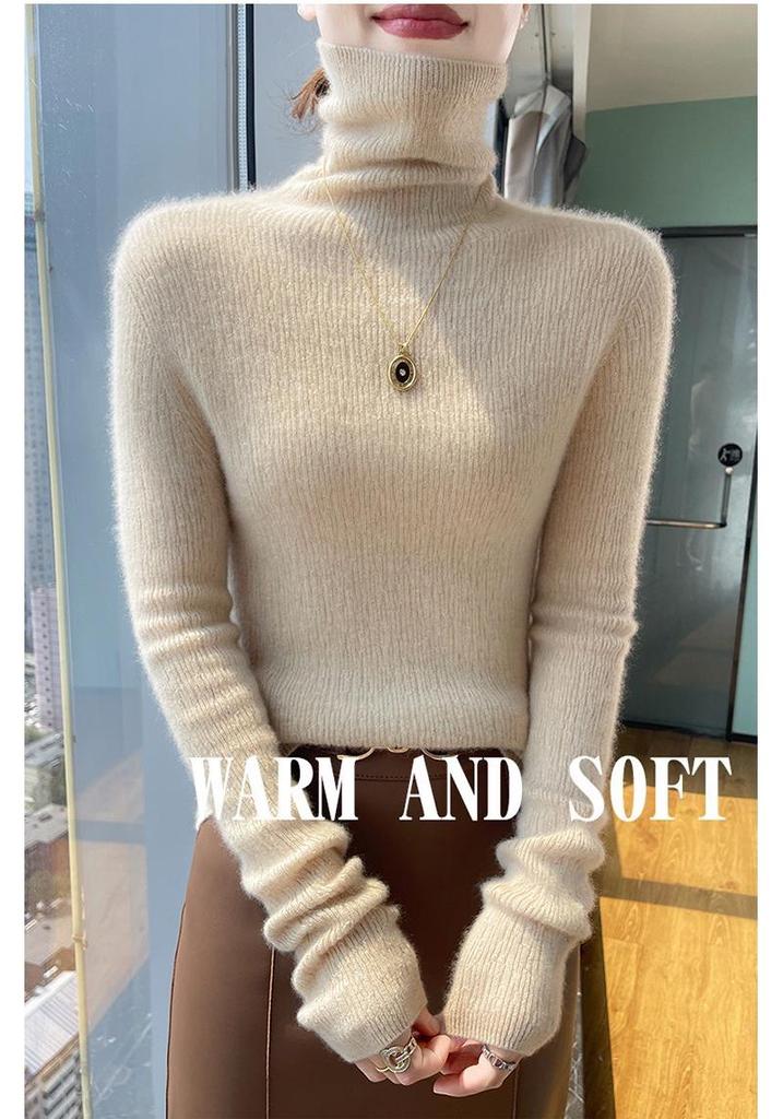 Women's Seamless High Neck Ribbed Knit Wool Sweater - Slim Fit, Textured Base Layer Pullover