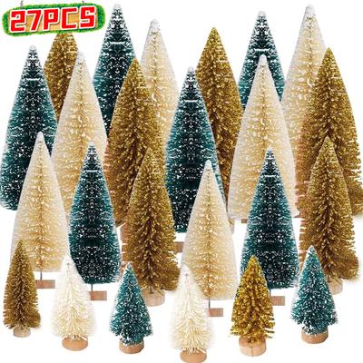 9/27 Stück Künstlicher Weihnachtsbaum Desktop Miniatur Ornamente Holzsockel DIY Basteln Sisal Mini Kieferbaum Weihnachtsfeier Dekoration