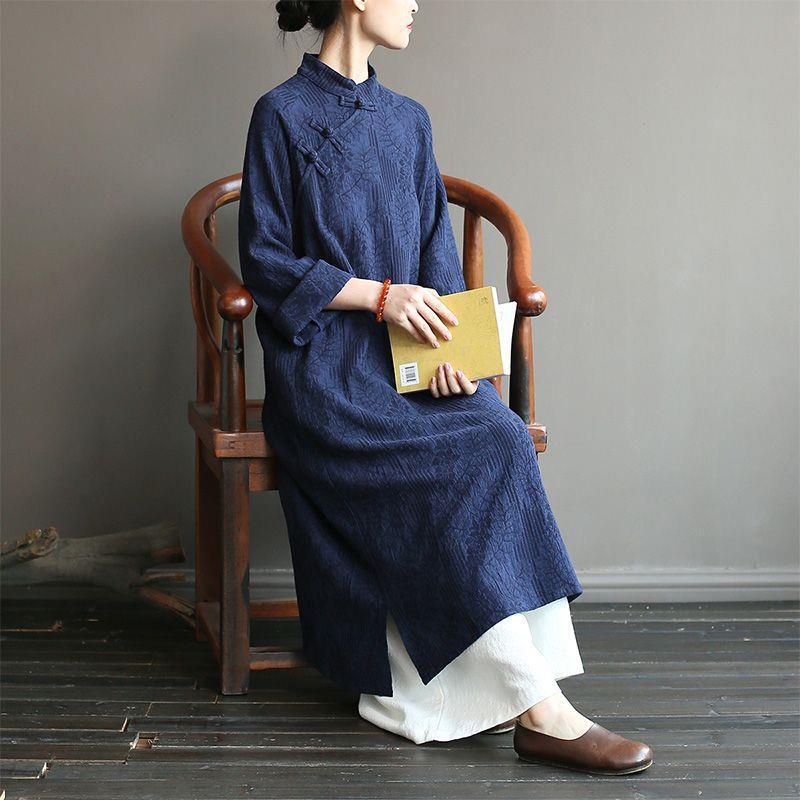 Retro Frog Button Cotton Linen Casual Long Dress