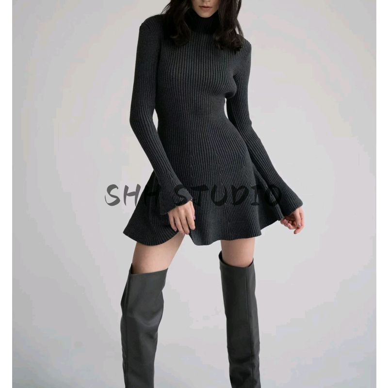 Autumn New Women clothes French style Idle Style Half-high Collar Long sleeve Waist Hugging A- Shaped Wool Knitting Short Dress