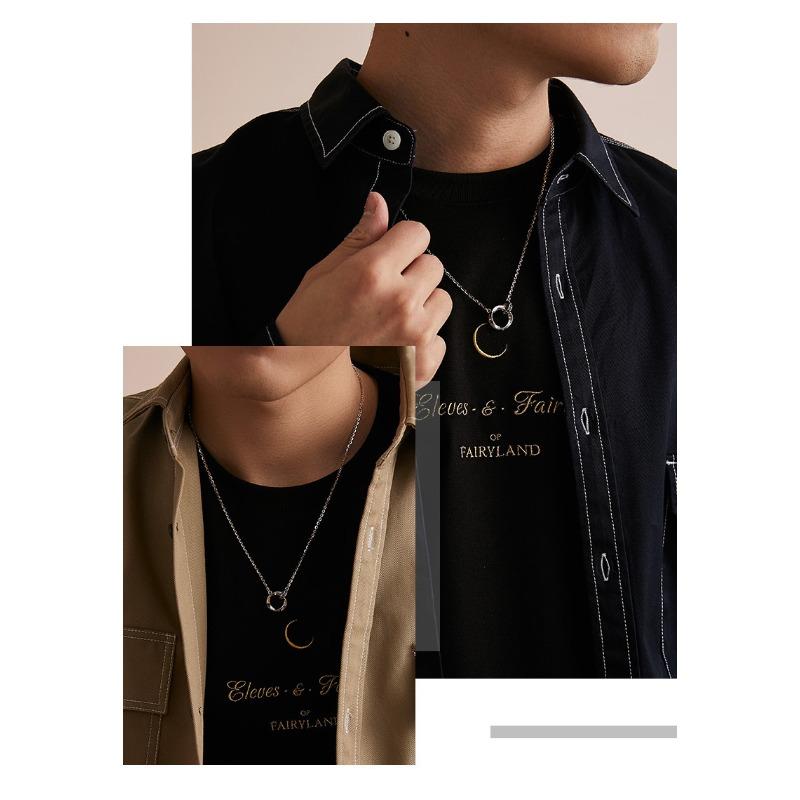 S925 Sterling Silver Couple Double Ring Necklace Fashion Special-Interest Design Sense Ring Buckle Clavicle Chain Jewelry