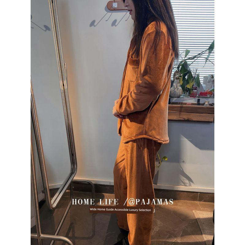 

European and American Kardashian Jin Sister Same Velvet Double-sided Island Velvet Pajamas Women Spring Autumn and Winter New Home Wear Set Caramel L