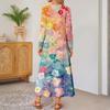 Women's Vintage Printed Long Sleeve Loose Fit Maxi Dress Comfortable Casual Elegant Full Length Dress with Pockets