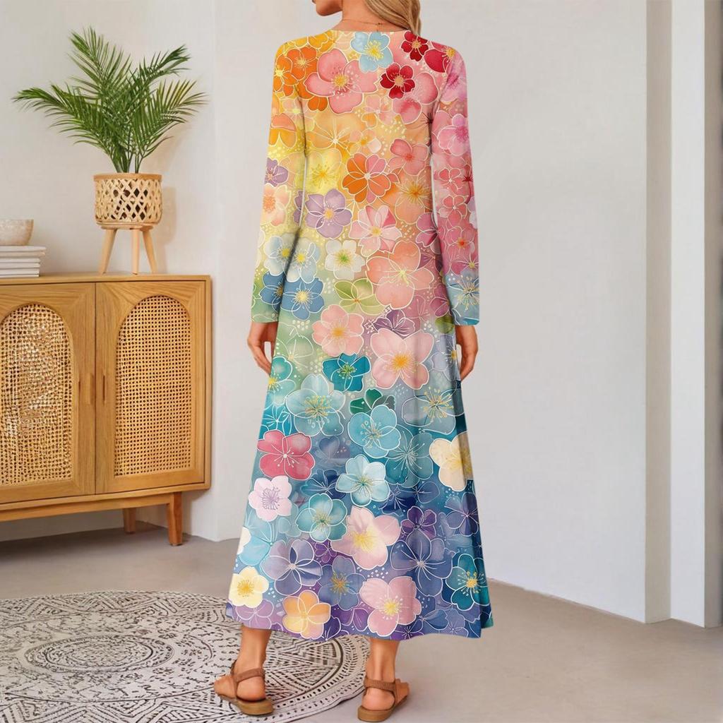 Women's Vintage Printed Long Sleeve Loose Fit Maxi Dress Comfortable Casual Elegant Full Length Dress with Pockets