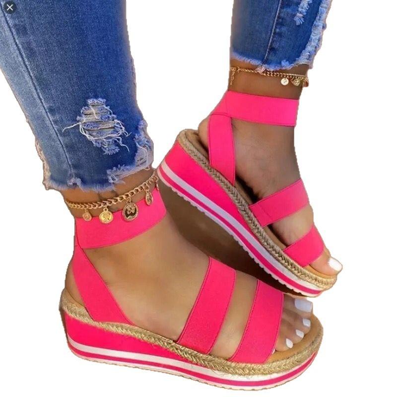 Large size muffin wedge sandals women's summer new hemp rope sole foot elastic band sandals