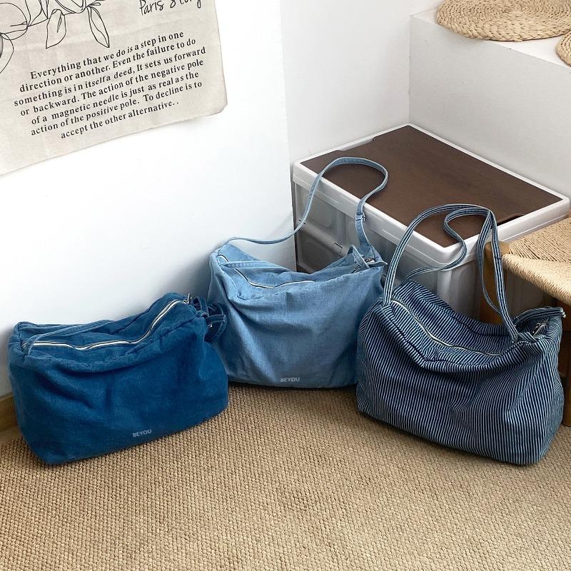 Early spring new large-capacity denim shoulder bag fashionable and old retro striped underarm bag versatile hobo bag