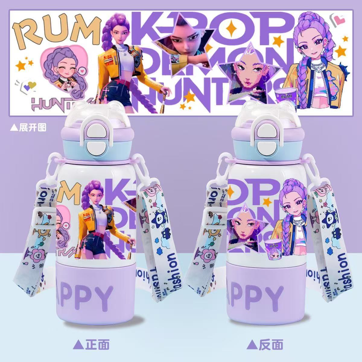 

kpop охотники на демонов Бутылка для воды Двойные крышки с соломинкой и ремешком 500 мл, нержавеющая сталь 316, герметичная защита от случайного открытия rumi фиолетовый