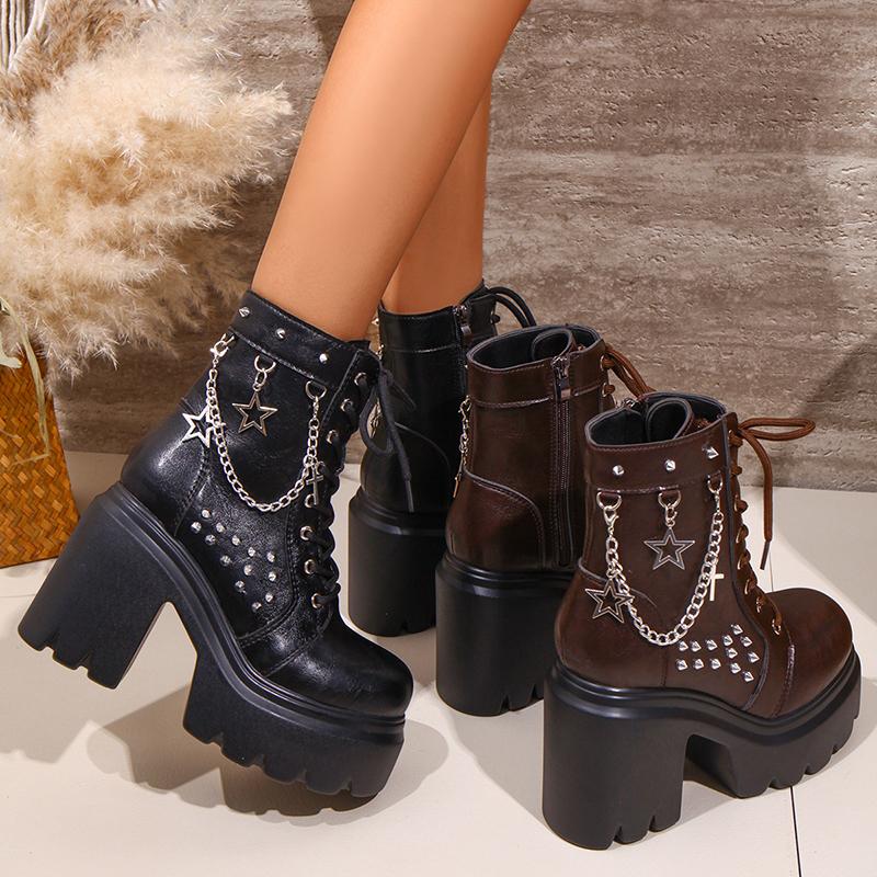 Women's Gothic Platform Boots Punk Chunky High Heel Ankle Boots Rivet Chain Decor Black Motorcycle Booties Woman Fashion Shoes