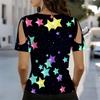 Women V Neck Cold Shoulder Blouse Black Background Colorful Star Print Short Sleeve Top