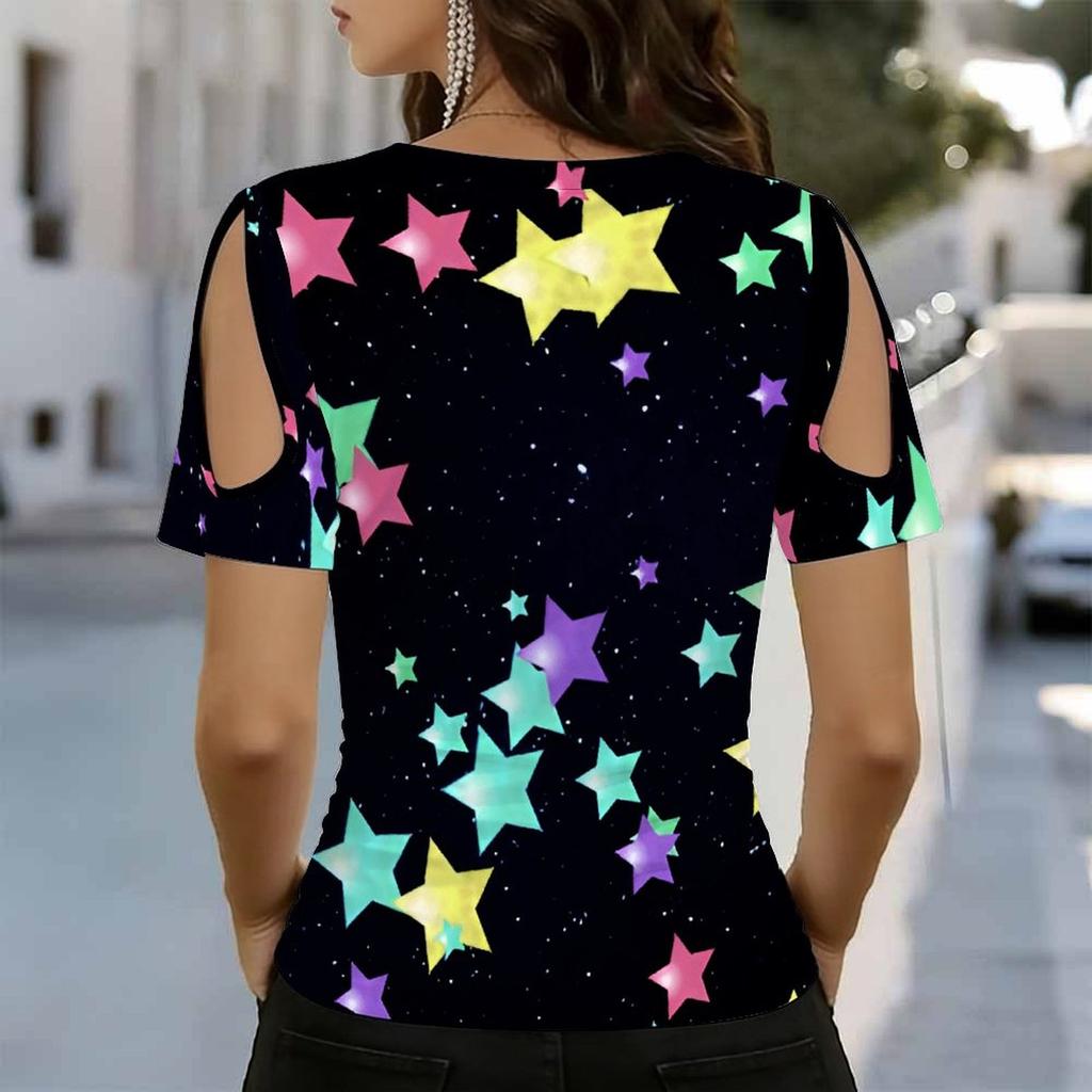 Women V Neck Cold Shoulder Blouse Black Background Colorful Star Print Short Sleeve Top