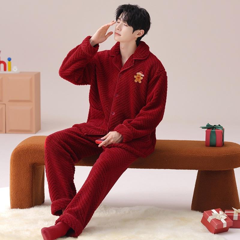 Couple Pajamas Women'S Autumn And Winter Coral Fleece Birth Year New Wedding Festive Big Red Men'S Loungewear Suit