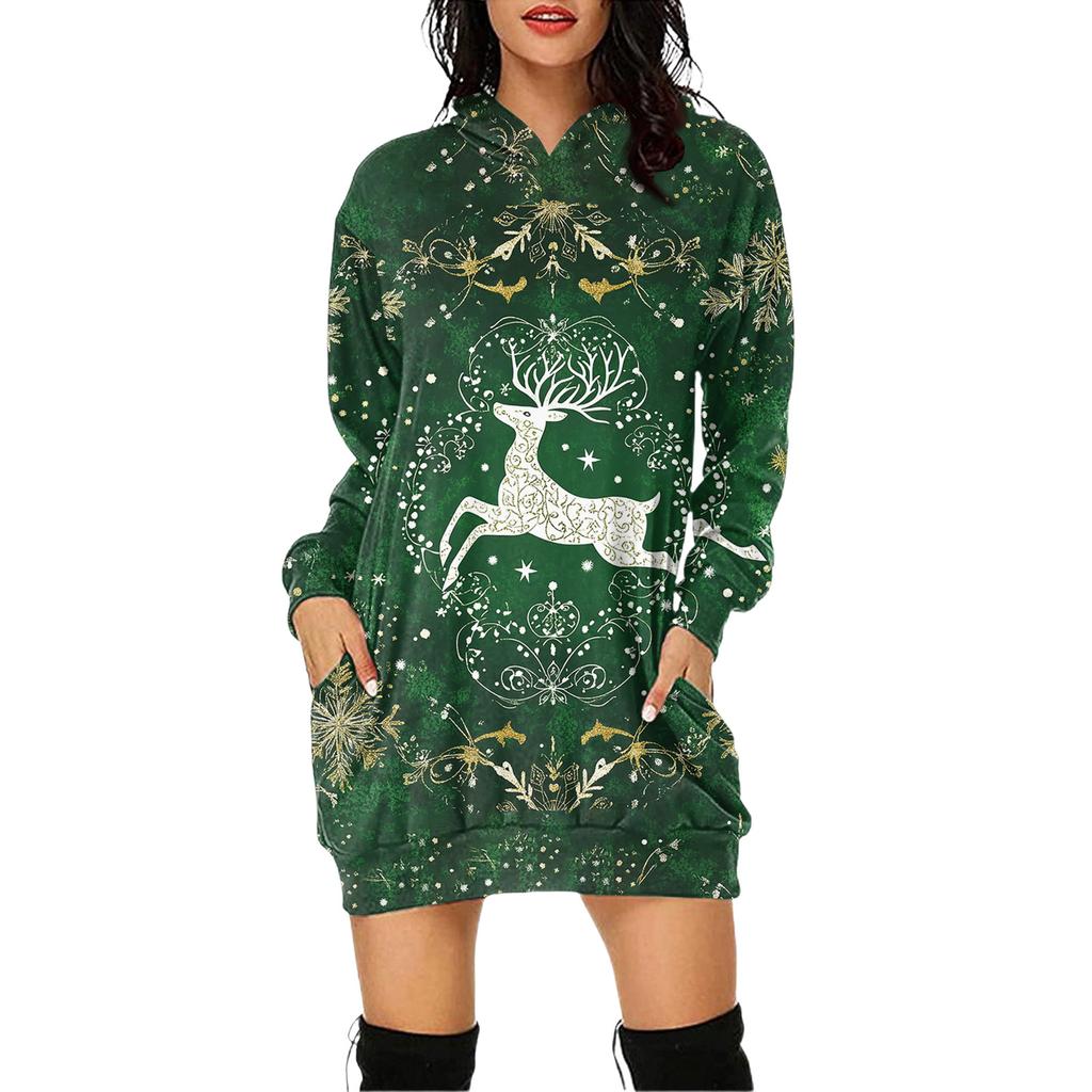 Rochie Pulover cu Glugă și Mâneci Lungi cu Buzunar și Imprimeu de Crăciun pentru Femei