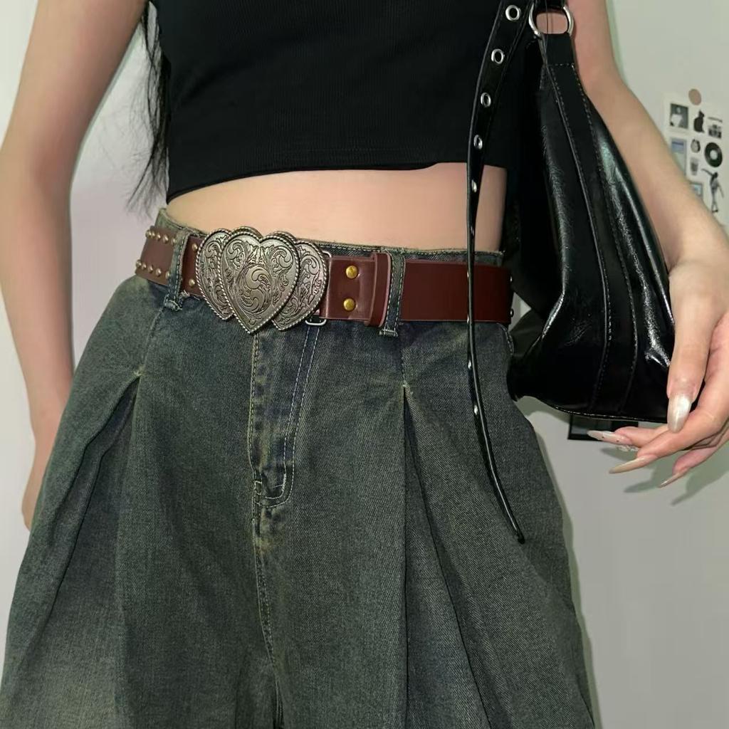 American retro denim design belt personalized yk rivet belt love belt Korean version versatile