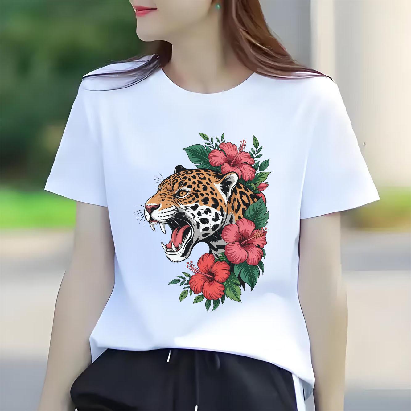 

Trendy and fashionable leopard print Womens short sleeved Tshirt summer round neck versatile for daily use S