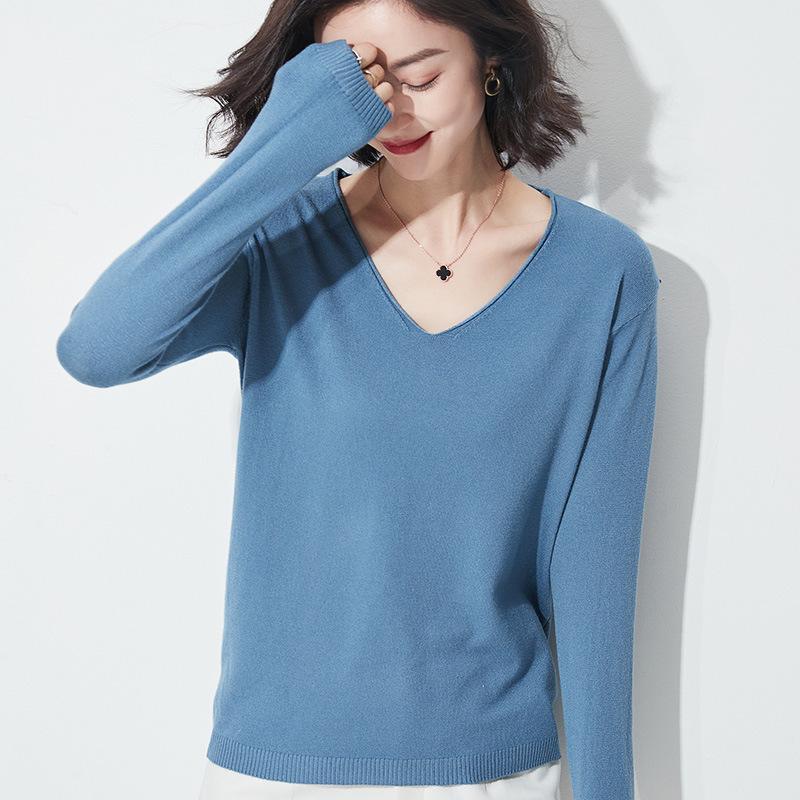 Autumn/Winter Women's Wool Sweater: Round & V-Neck, Rolled Edge, Long Sleeve, Thin Knit Top