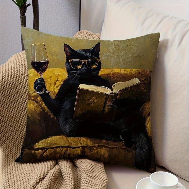 1 шт. Стильная наволочка с дизайном Черный кот с вином и книгой 40x40cm/16x16inch