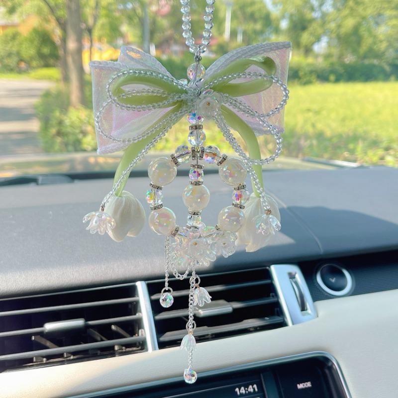 Tulip Bowknot Crystal Lily Of The Valley Pendant Car Interior Hanging Decoration