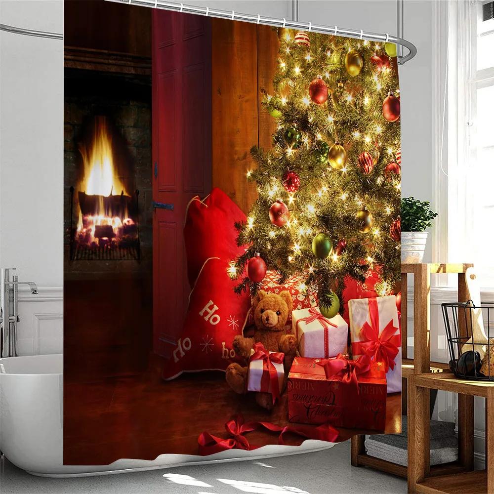 

Merry Christmas Shower Curtain Santa Claus Winter Holiday Bathroom Decor Xmas Tree Ball Polyester Fabric Bath Curtain with Hooks 90x180cm-35x70in