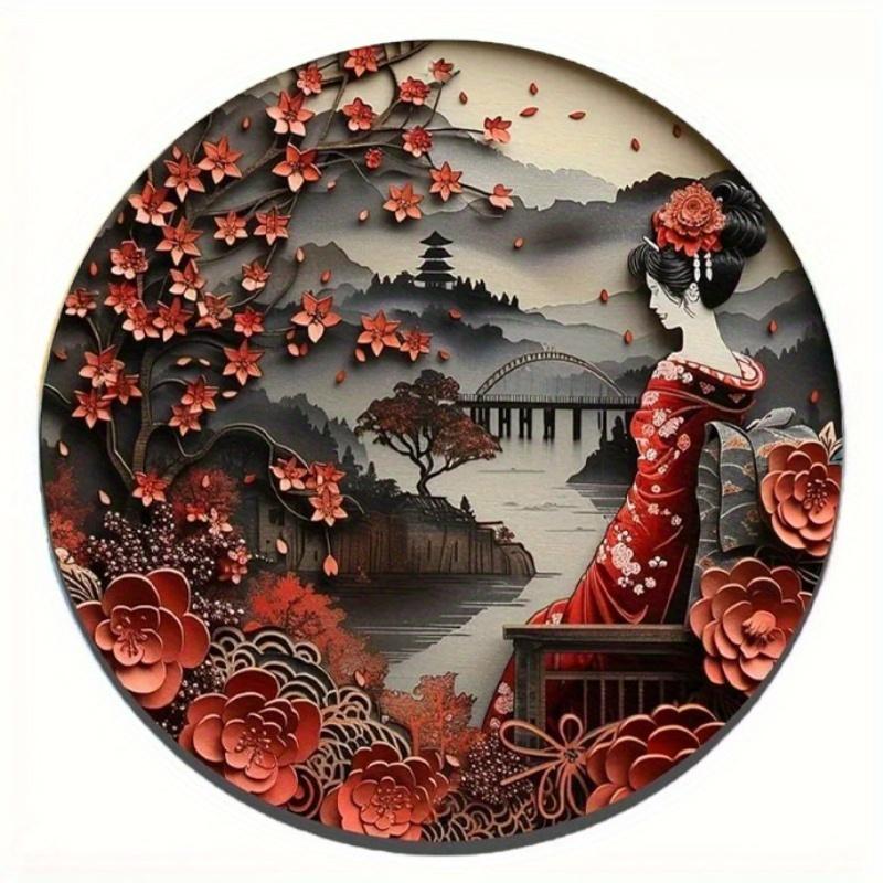 

2d Плоский 20*20см, Круглий Дерев яний Настінний Декор, Декоративний Японський Кімоно, Декор для Входу Подарунок, Тема Японського Кімоно, для Декору Стін Бару, Кафе, Клубу. 20*20cm