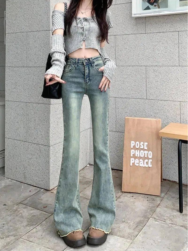 

Women s High-Waisted Retro Blue Micro-Flare Jeans - Slim Fit, Floor-Length Bell Bottoms, Raw Hem Extra Small