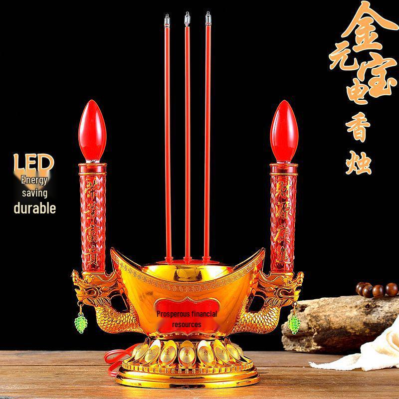 Buddha Offering Electric Candelabra: Complete Set with Incense Burner and Everlasting Lamp for Home Use