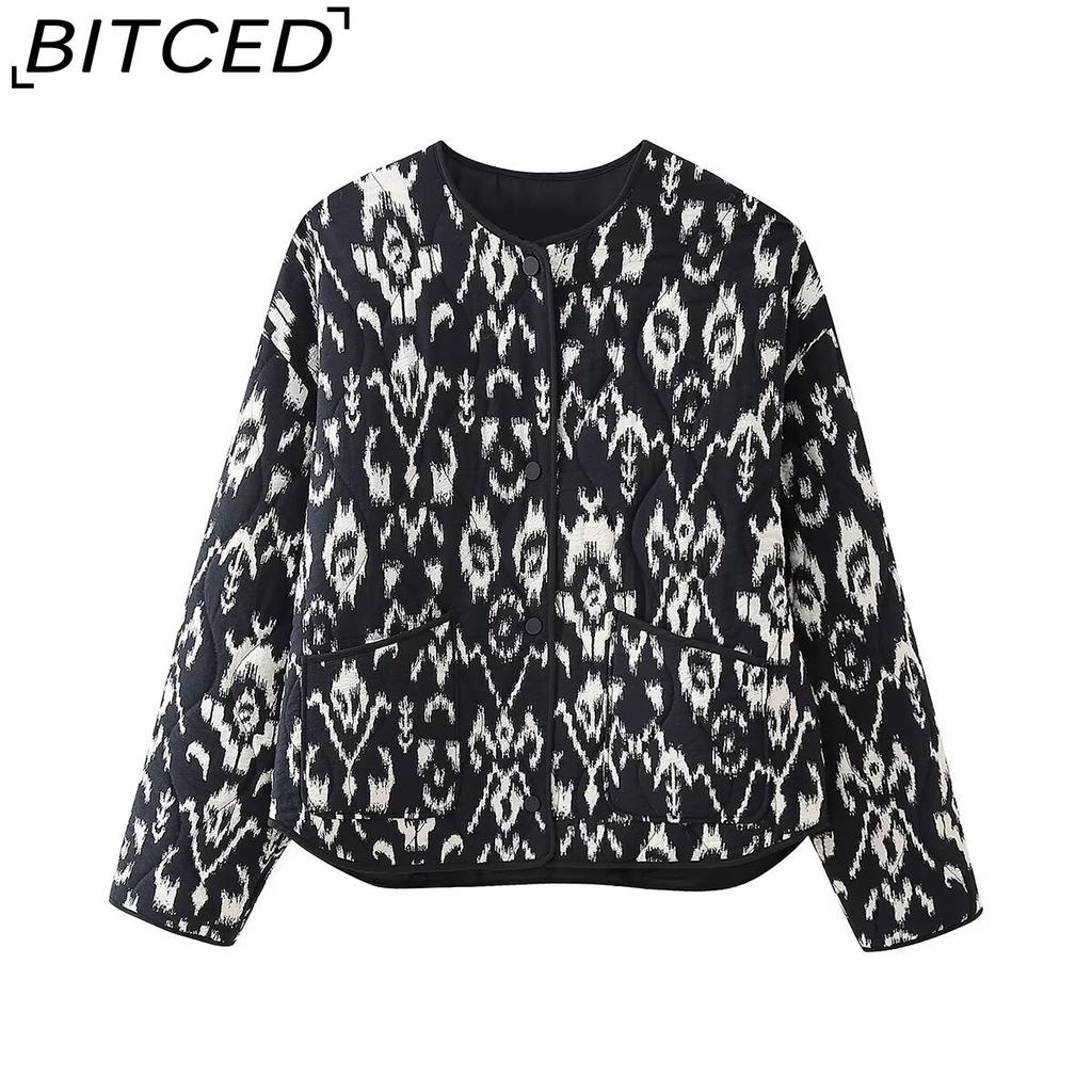 BITCED Women's Autumn/Winter Plus Size Fashion Print Quilted Cotton Jacket