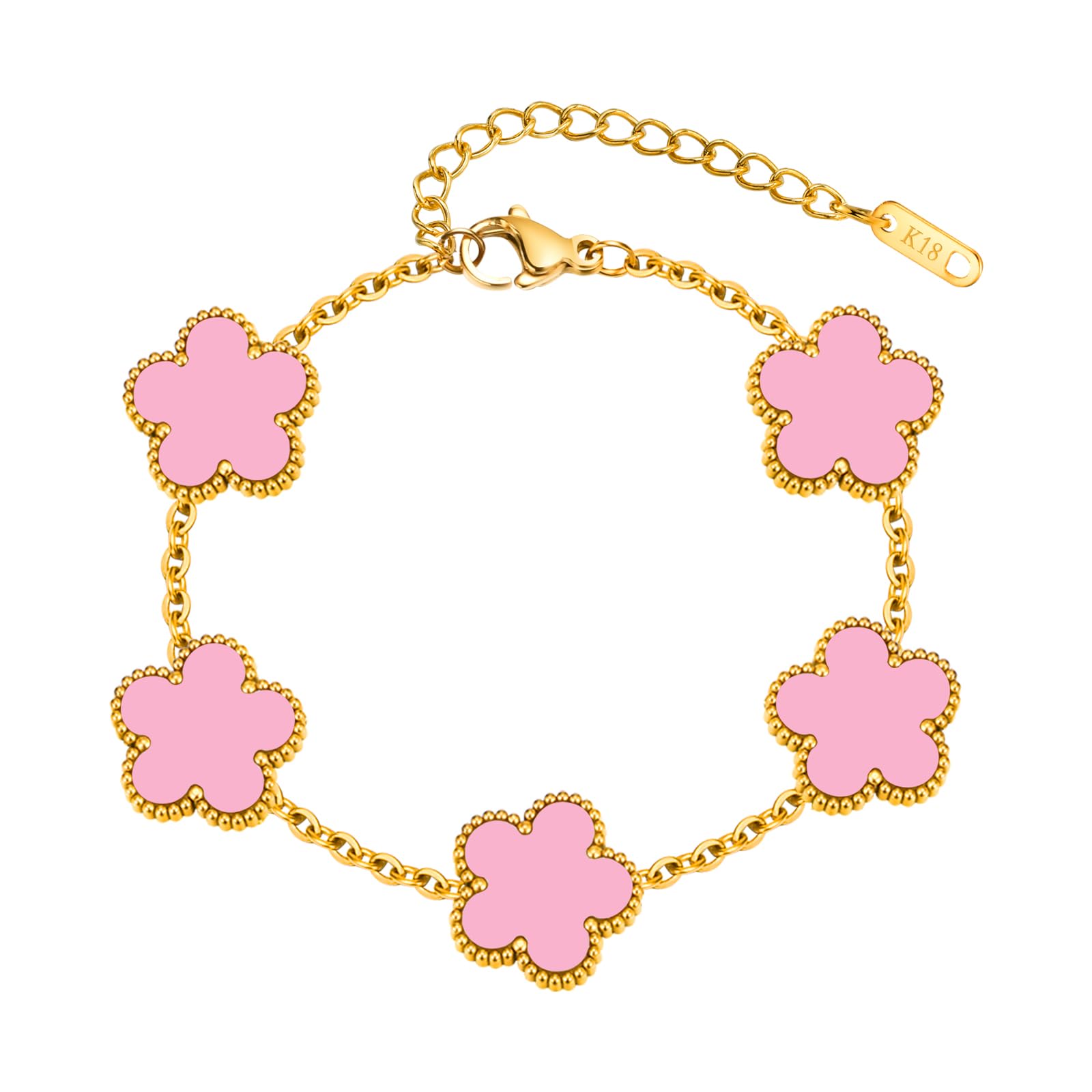 

18K Gold Plated Floral Bracelets,Stainless Steel Charm Bracelet Non-Tarnish,Adjustable lucky Chain Set Trendy Gift