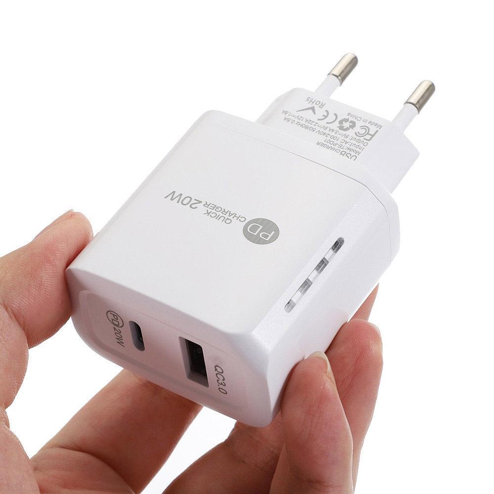 20W PD+QC3.0 Dual Port Fast Charging Travel Charger with Light