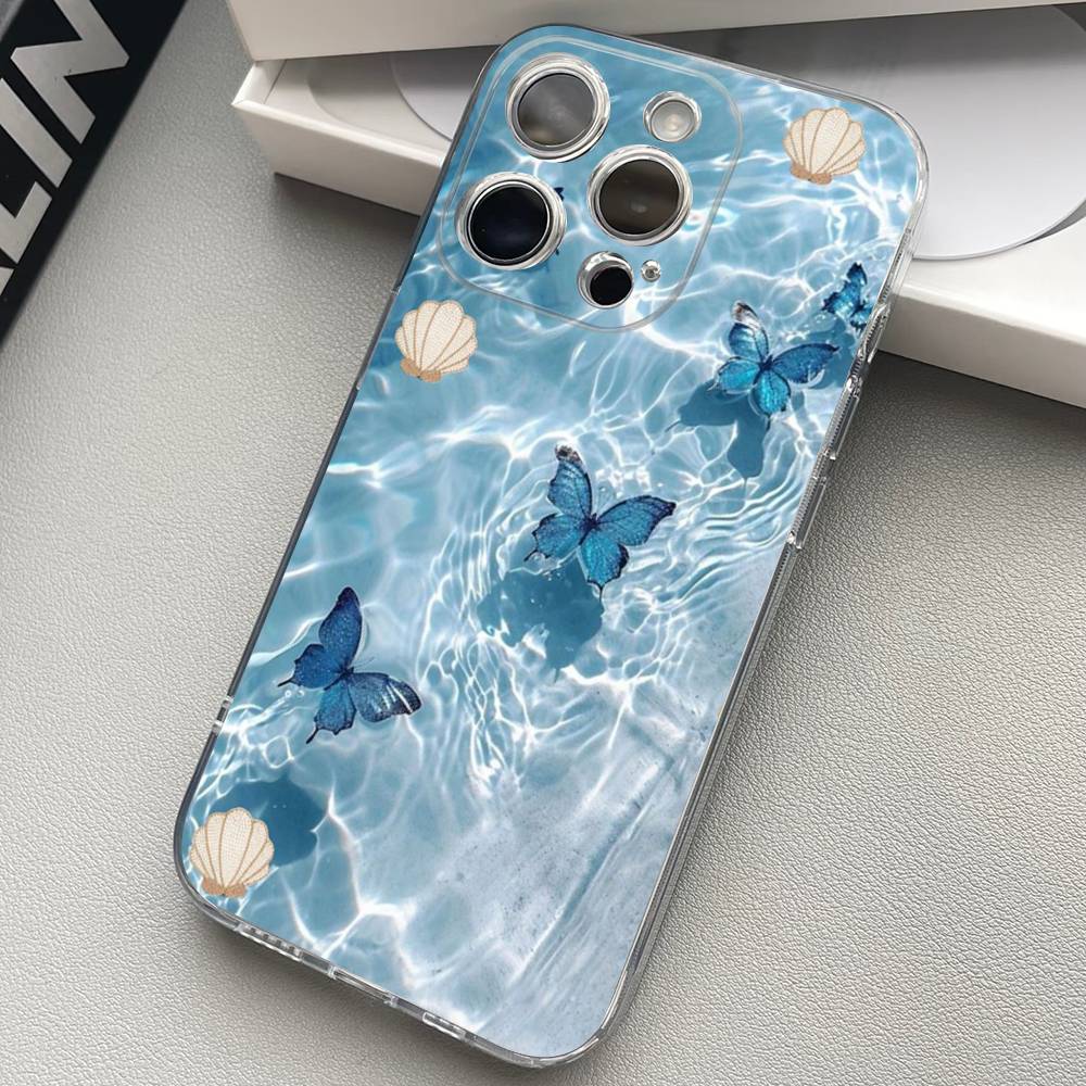 Blue Butterfly Ocean Waves Phone Case For iPhone 17 15 14 13 11 12 16 Pro Max Plus Mini Transparent Silicone Soft Funda