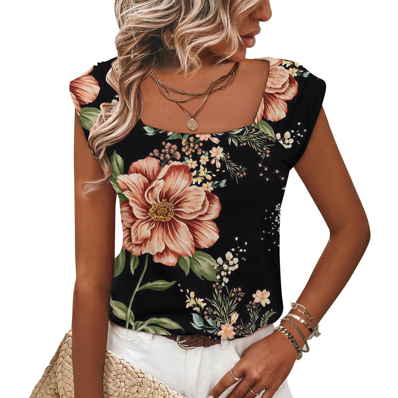 

Женский летний жилет с квадратным вырезом, свободная повседневная рубашка с короткими рукавами и принтом, топ XXXL чёрный