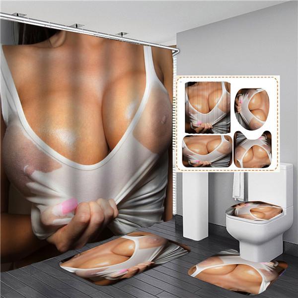 Krása Sexy žena Dívčí sprchový závěs Vodotěsná sada koupelnových závěsů Protiskluzová podložka Koberec Koberec Potah víko na toaletu Koberce