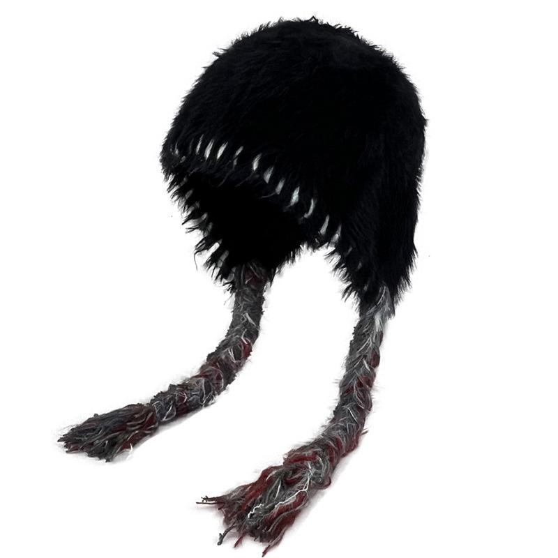 Cute Plush Hat Women's Autumn and Winter Colorful Fringed Braids Knitted Pullover Hat Ear Protector