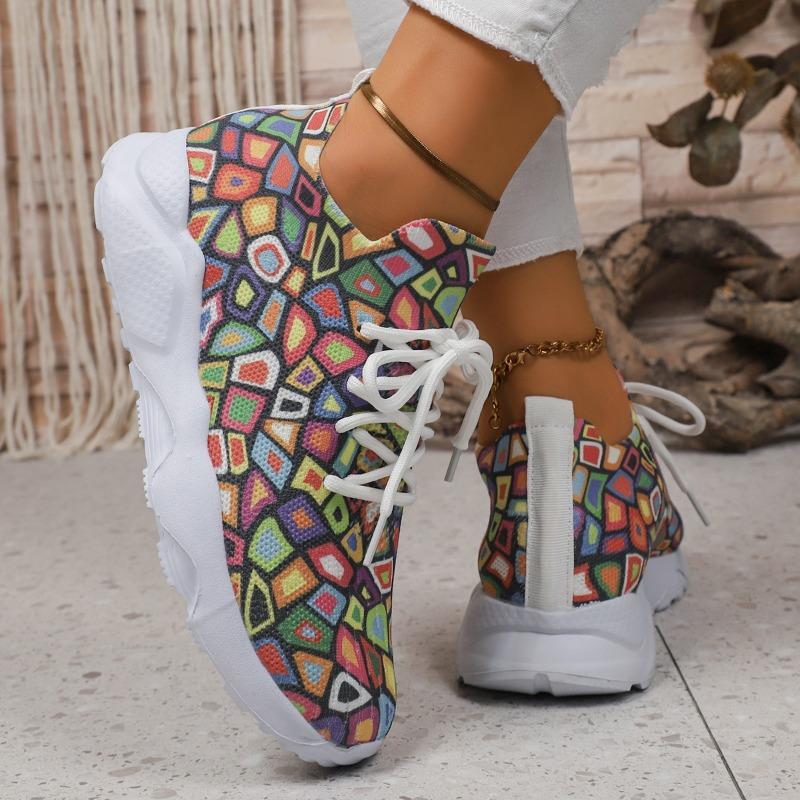 Fashion 2025 New Women Rainbow Shoes Autumn New Casual Daily Ladies Flat Shoes Round Toe Multi-Color Print Lace-up Sneakers