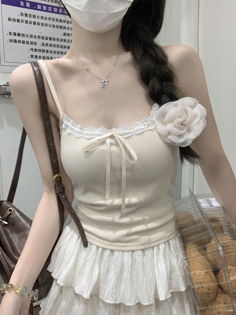 Real shot, summer Korean version of slim fit pure desire lace edge lace-up chest pad thin suspender inner vest top