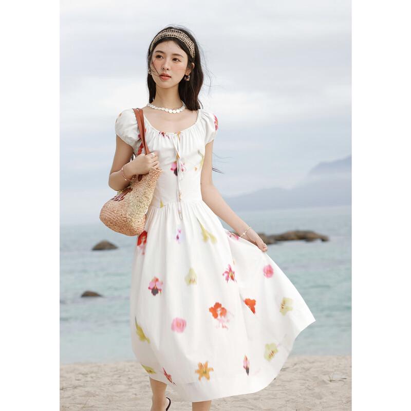 Women s White Floral Cotton Drawstring Dress S