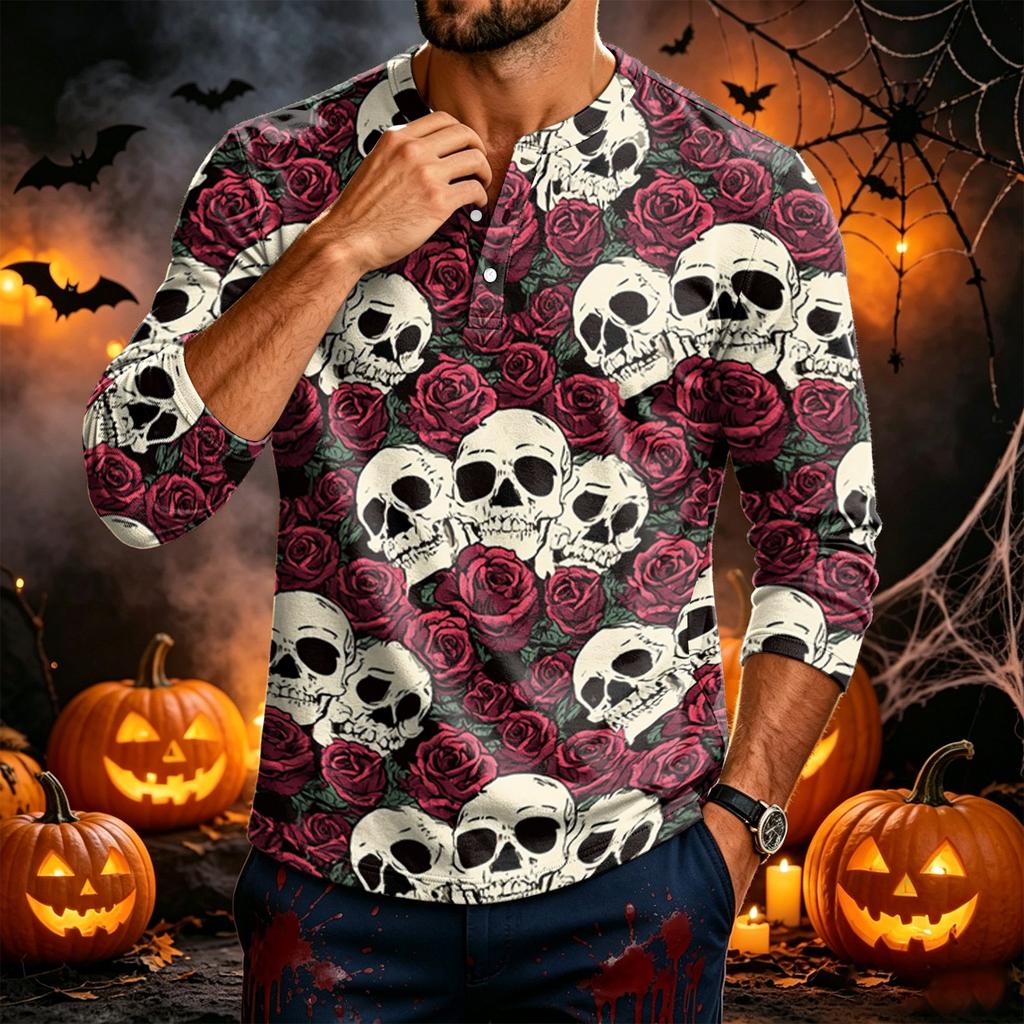 Men's Long Sleeve Shirt with Halloween Print for Casual Everyday Wear