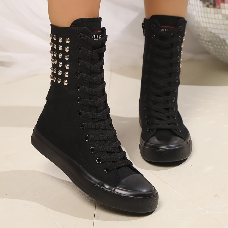Short Front Lace-up Side Zipper Women's Shoes Inner Height Rivets Canvas Shoes Casual Shoes Trend Fashion