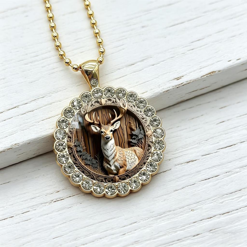 Collier Vintage Cerf des Bois Gravé avec Cadre Orné Doré, Parfait pour les Anniversaires, Noël et les Amoureux de la Nature