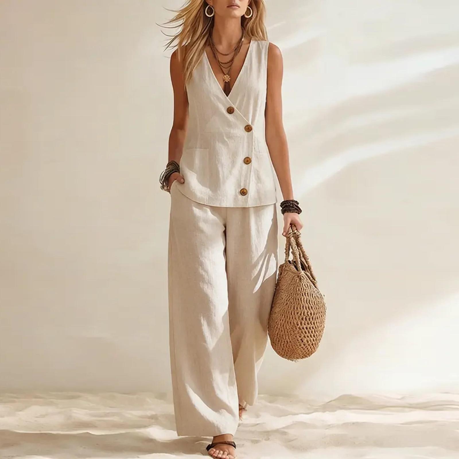 

Women Summer Cotton Linen Button Down Cardigan and Wide Leg Pants Two Piece Set Casual Loose Fit Holiday Outfit L
